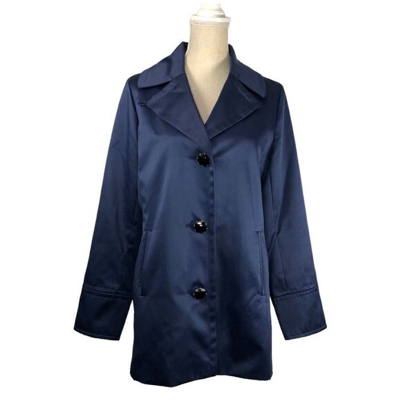 Dennis by Dennis Blasso Blue Sateen Swing Coat Jewel Like Buttons Size Medium - Picture 1 of 12